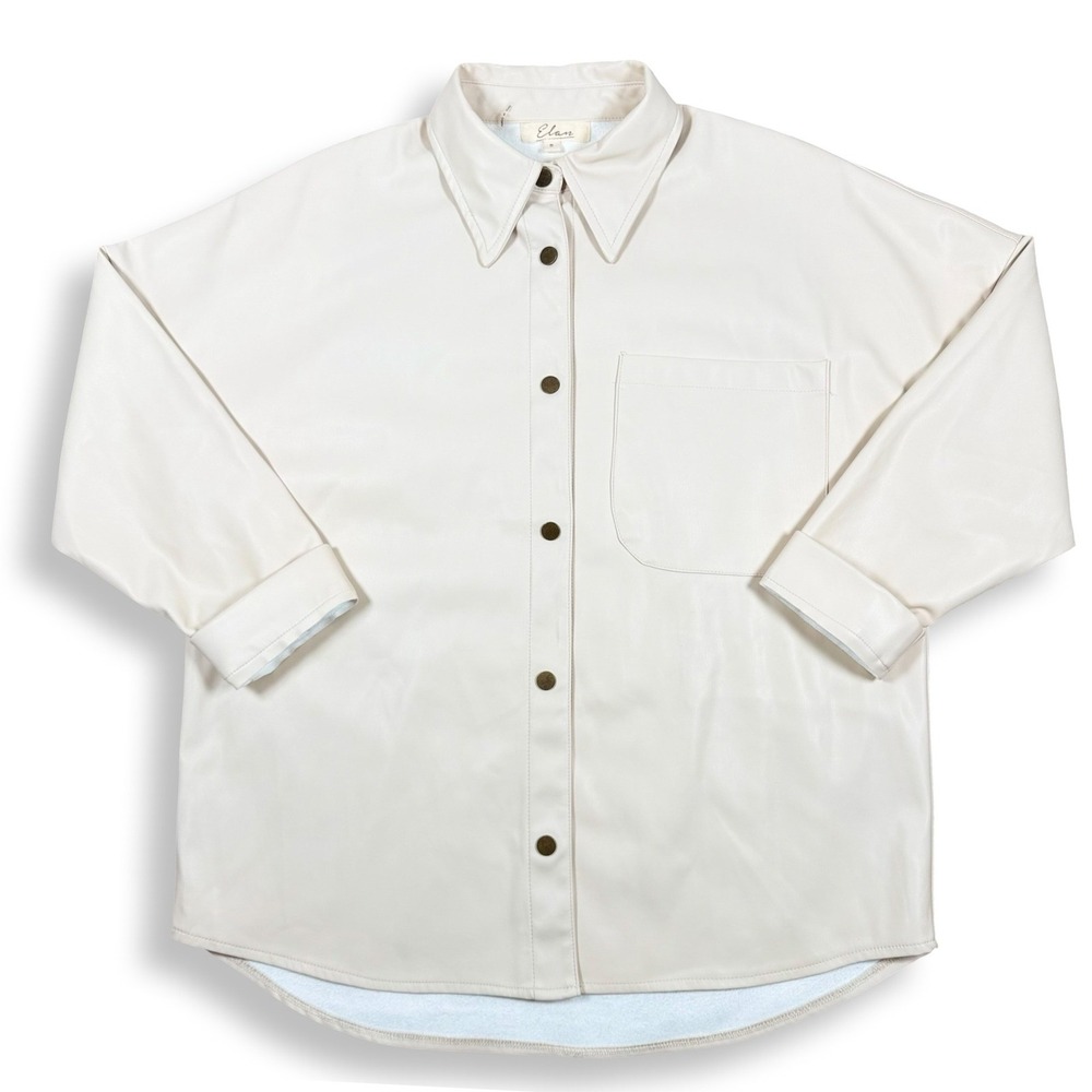 Elan Cream Faux Leather Button Down Shacket Shirt FL8158 Womens Small